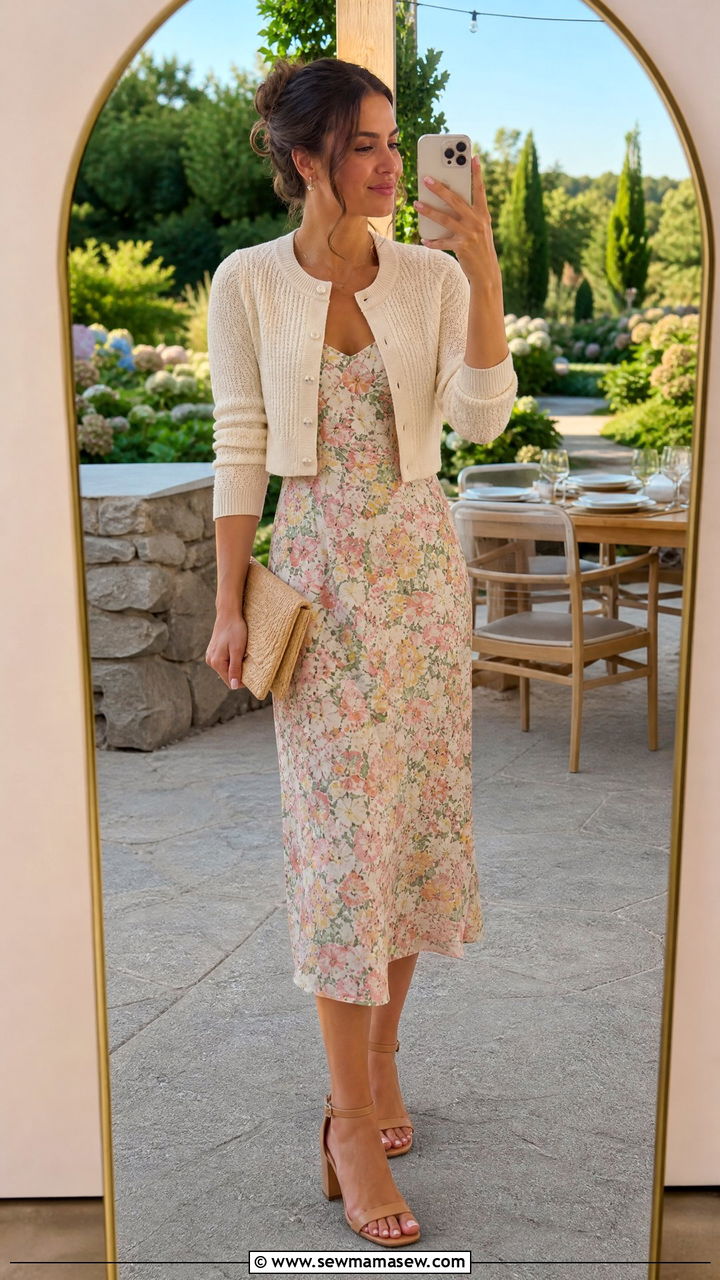 Cropped cardigan and floral midi dress wedding outfit - 25 How to style a cardigan for a wedding