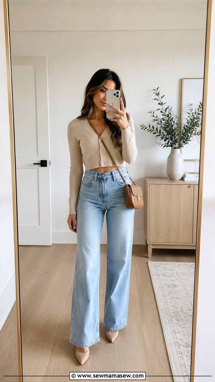 Cropped cardigan and high rise wide leg jeans - 25 Petite outfit ideas for brunch
