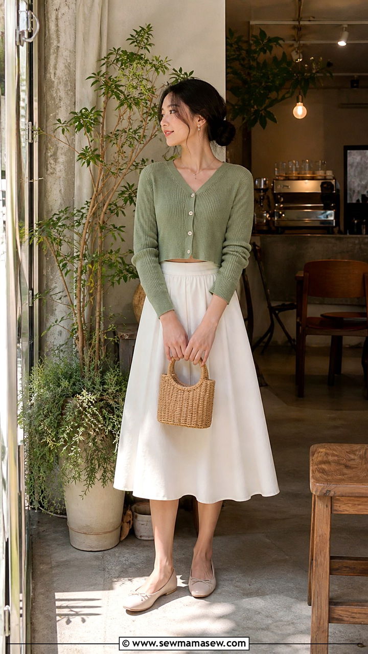Cropped cardigan and high waist midi skirt for cafe hopping - 40 What to wear in Tokyo