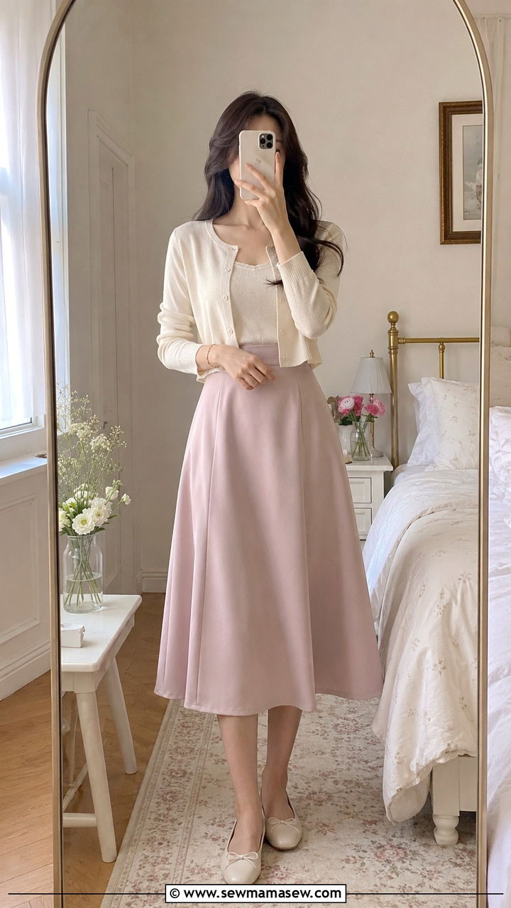 Cropped cardigan and high waisted A line skirt - 30 outfit ideas for rectangle body shape
