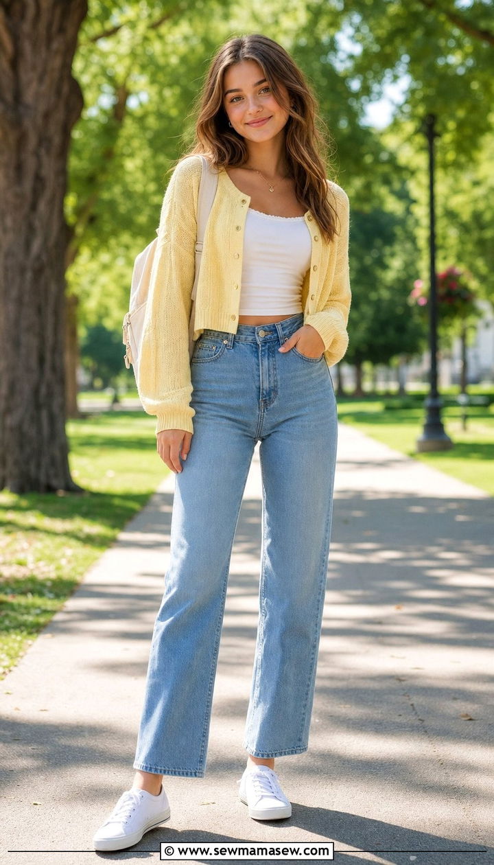 Cropped cardigan and high waisted jeans outfit - 35 Back to school outfit ideas 9th grade