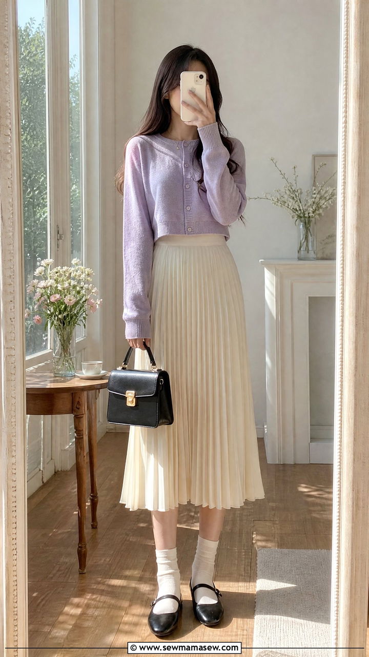 Cropped cardigan and high waisted pleated skirt look - 25 librarian core outfits 2026