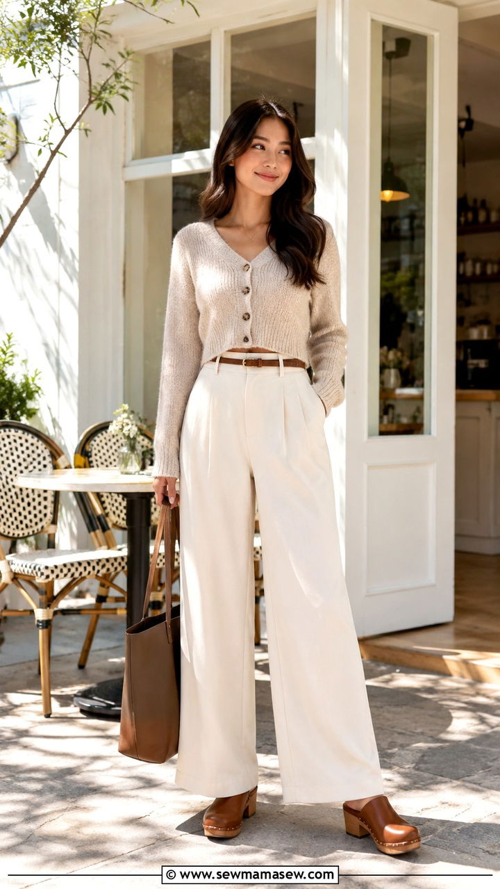 Cropped cardigan and high waisted wide leg trousers with clogs - 25 Petite outfit ideas affordable