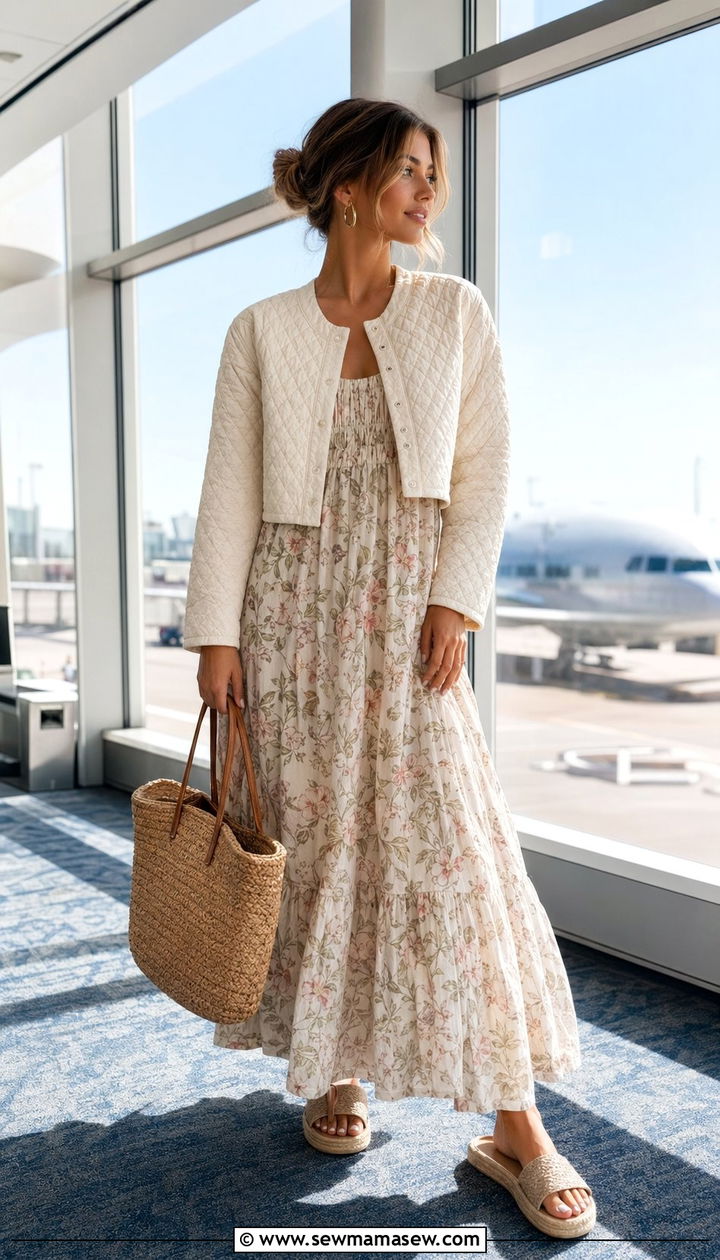 Cropped cardigan and maxi dress airport outfit - 35 airport outfits 2026