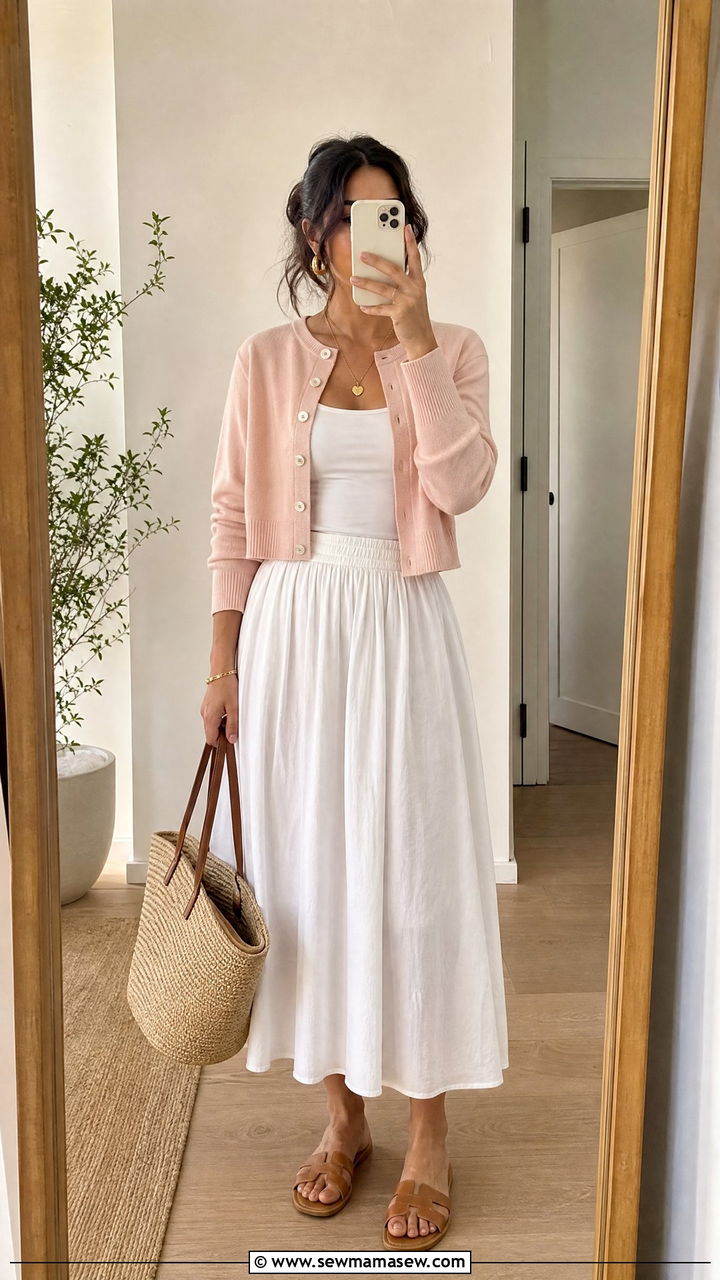 Cropped cardigan and midi skirt outfit - 30 Cozy summer outfit ideas 2026