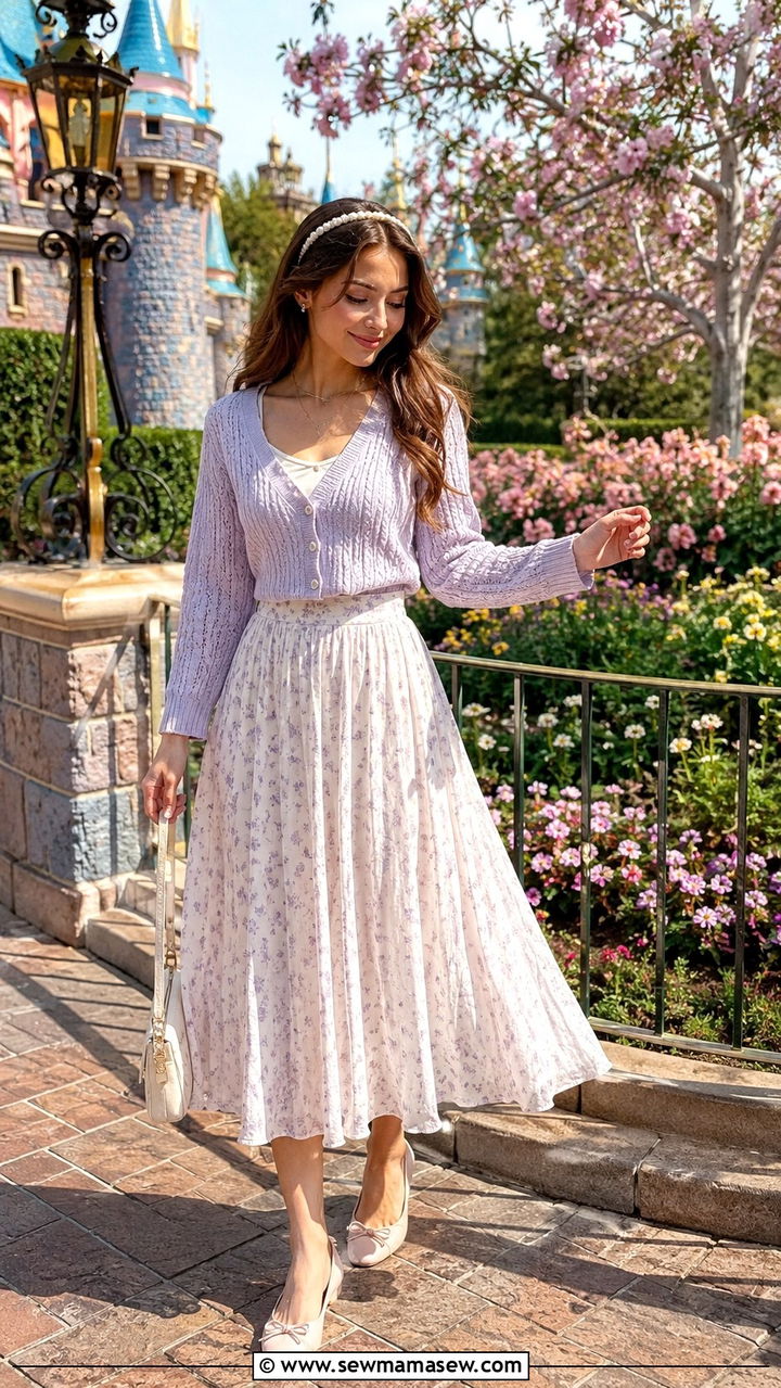 Cropped cardigan and midi skirt outfit - 30 theme park outfit ideas