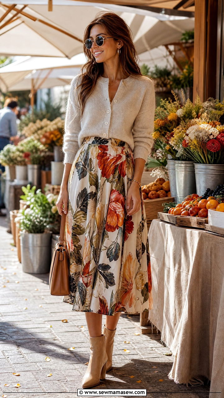Cropped cardigan and statement print skirt outfit - 25 French girl outfit ideas Emily in Paris style
