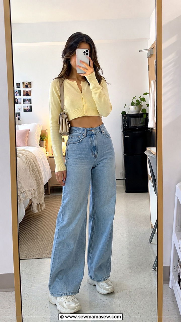 Cropped cardigan and wide leg jeans outfit - 30 spring college outfit ideas