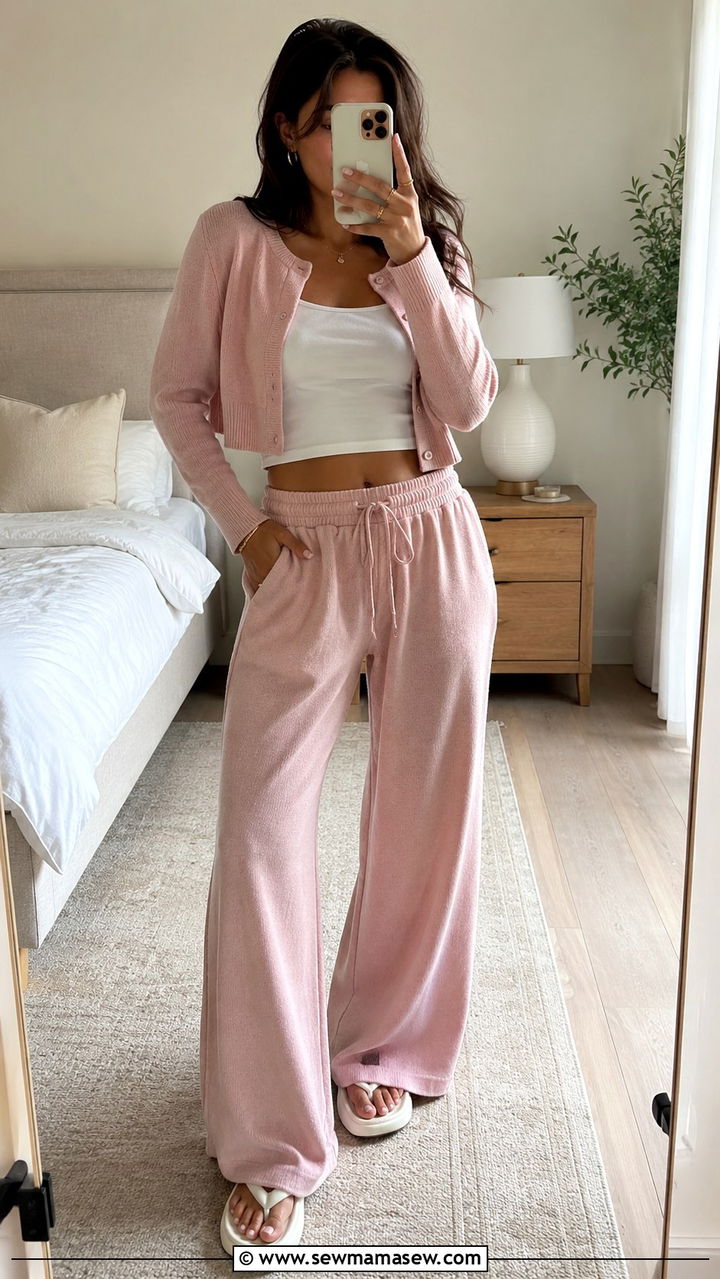 Cropped cardigan and wide leg pant lounge set - 30 Loungewear outfit ideas summer
