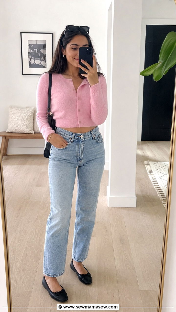 Cropped cardigan buttoned as a top with mom jeans and ballet flats - 30 Mom jeans outfit ideas with a cardigan