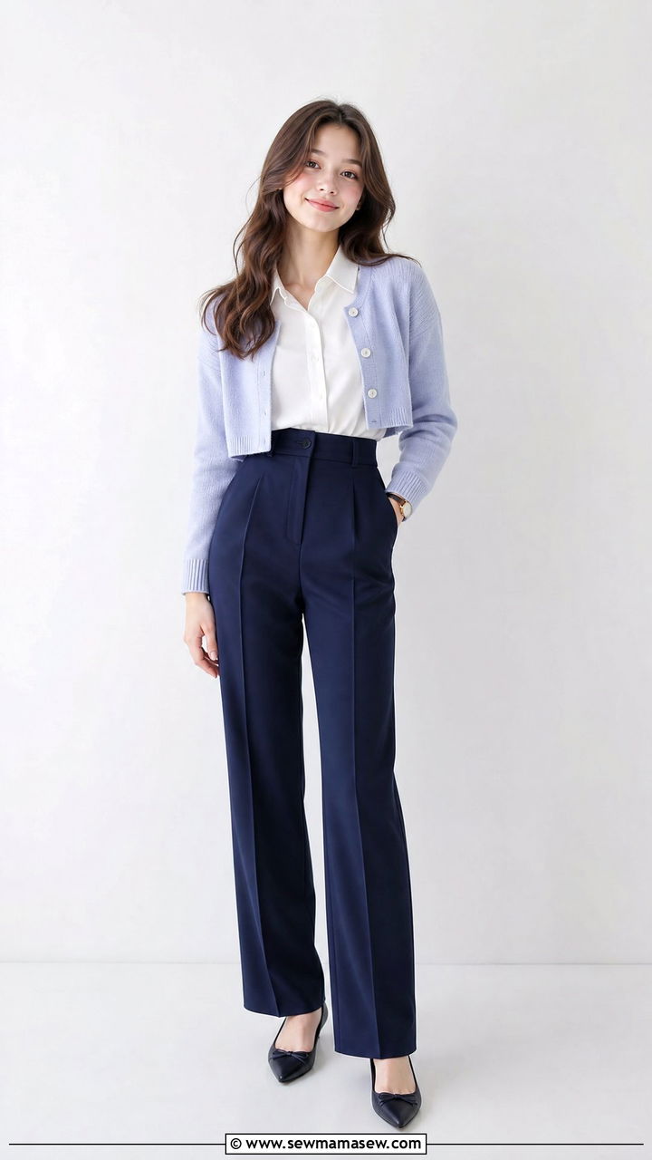 Cropped cardigan buttoned up with high waisted uniform trousers outfit - 30 School uniform hacks outfit ideas