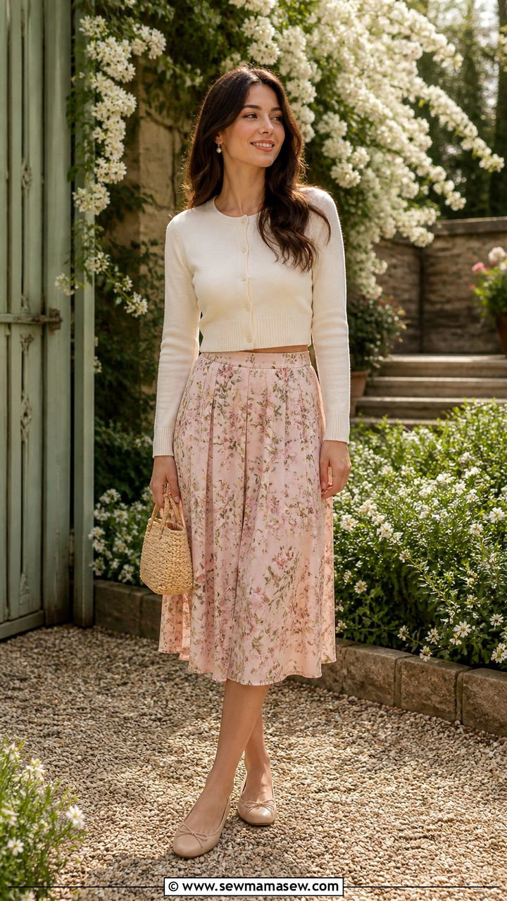 Cropped cardigan floral midi skirt spring brunch outfit - 40 Spring brunch outfits