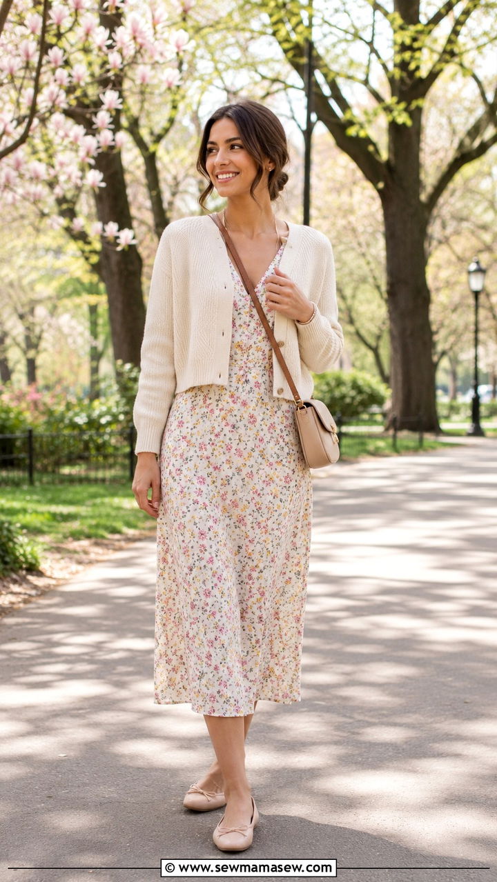 Cropped cardigan layered over a midi dress - 30 spring running errands outfit ideas