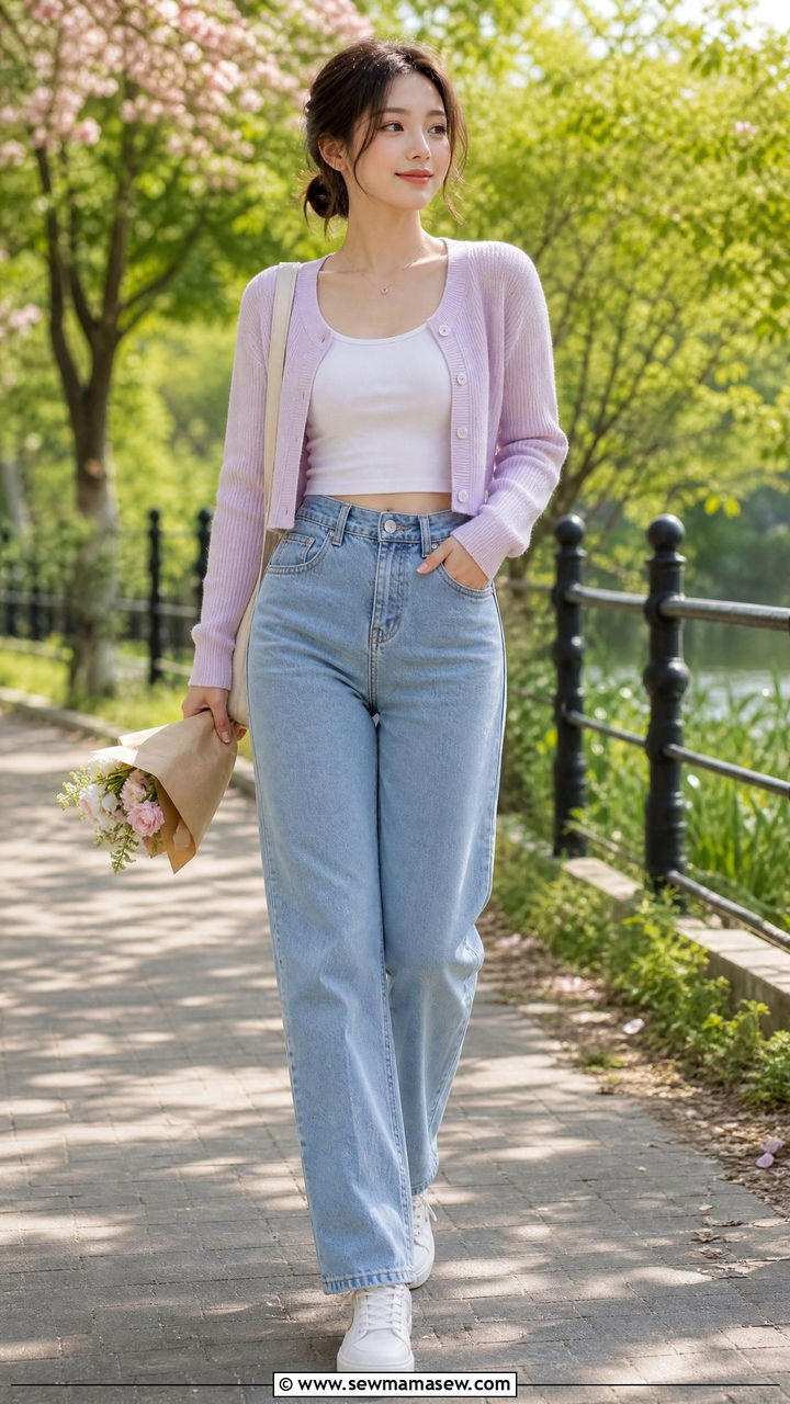 Cropped cardigan over a fitted tank and high waisted jeans - 25 Flattering outfits for small bust