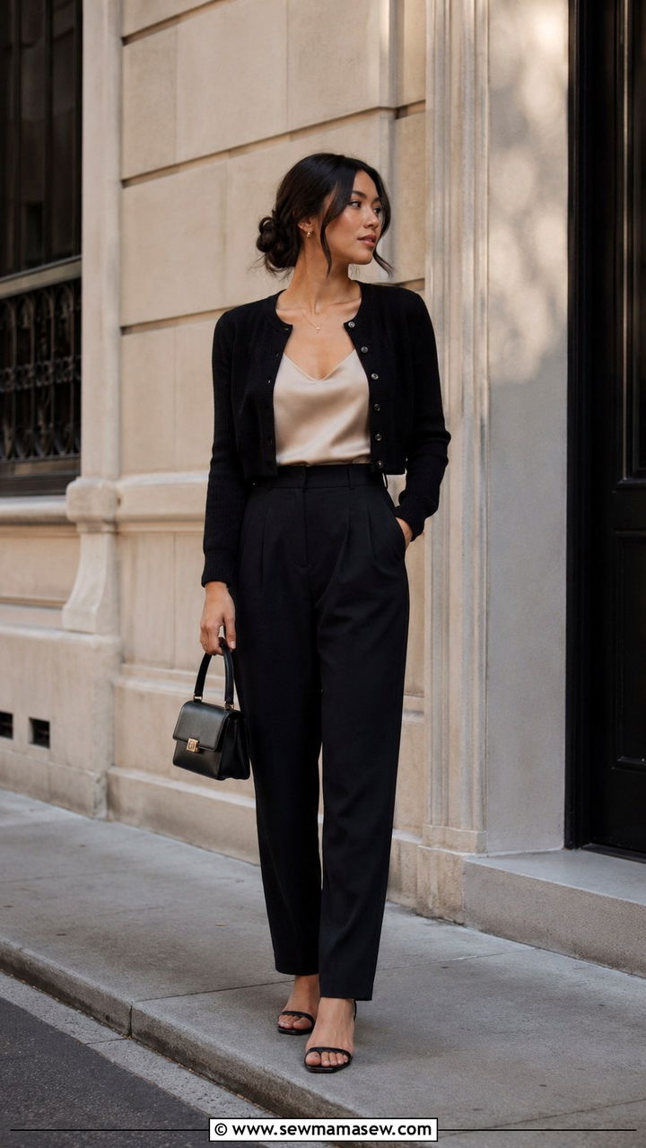 Cropped cardigan over a silk camisole and trousers - 30 Sweater outfit ideas petite