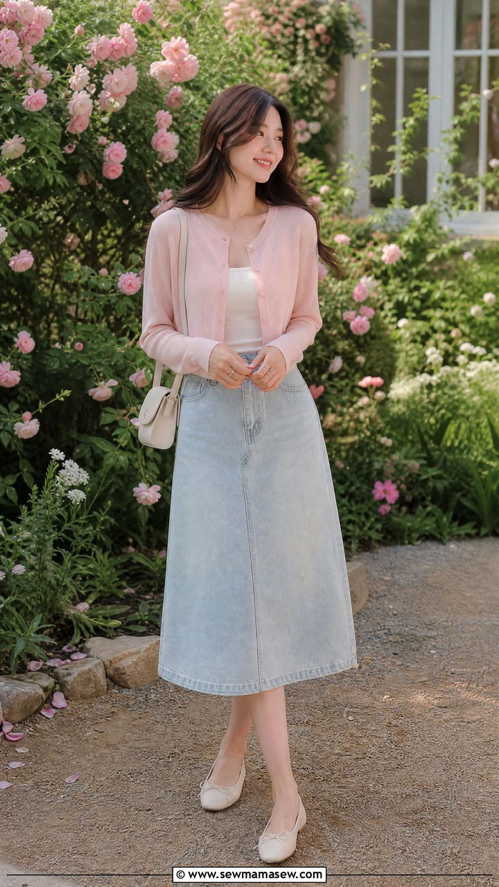 Cropped cardigan with A line denim skirt outfit - 25 classy denim skirt outfits