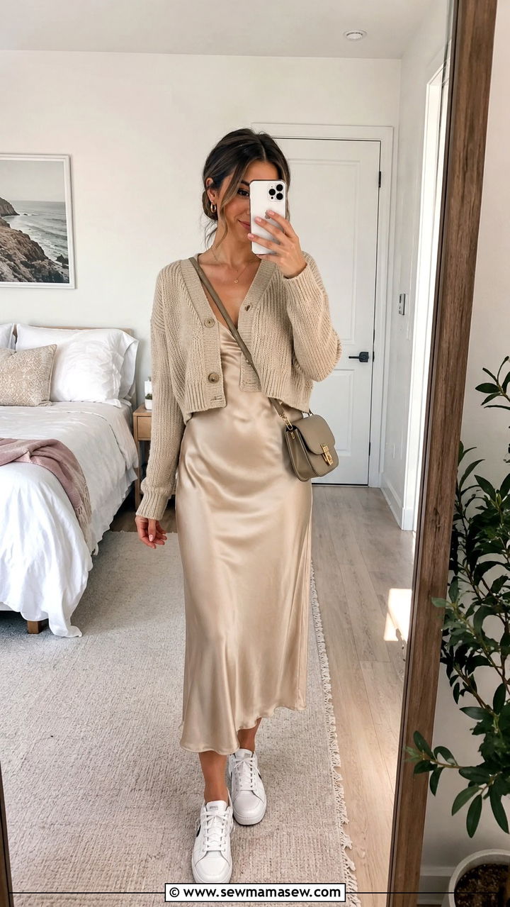 Cropped cardigan with a slip dress outfit - 20 Summer outfits for 55 degree weather