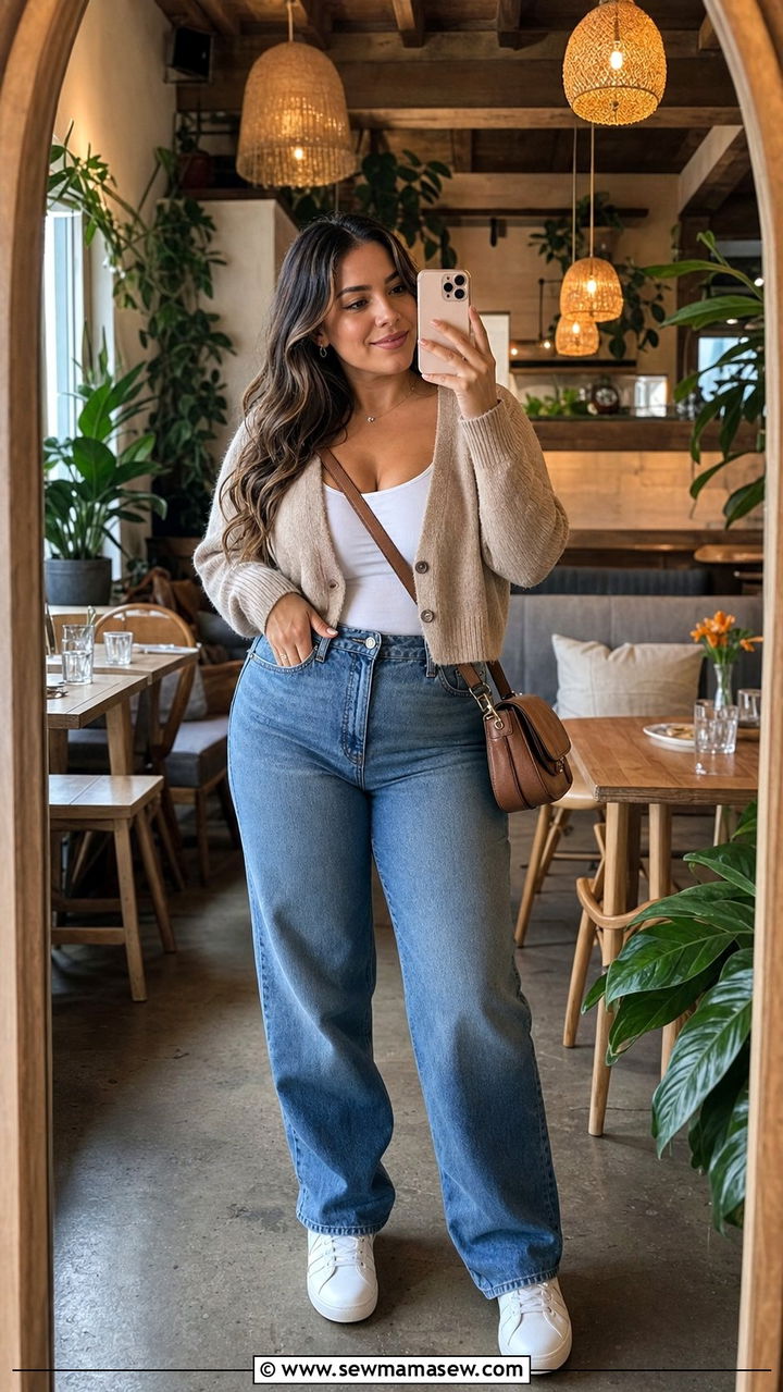 Cropped cardigan with high waist jeans - 35 Brunch outfits for midsize women