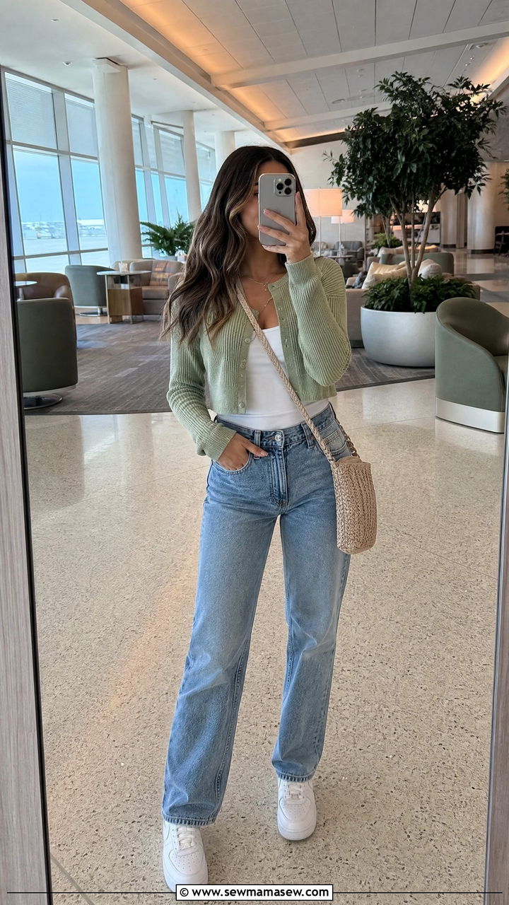 Cropped cardigan with high waist straight leg jeans - 35 Miami airport outfit ideas