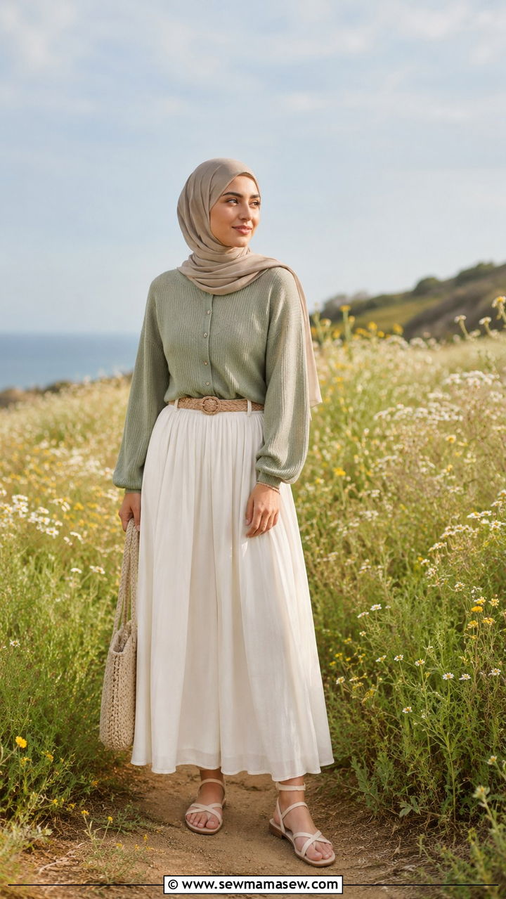 Cropped cardigan with high waisted maxi skirt - 30 Modest outfit ideas with cardigan