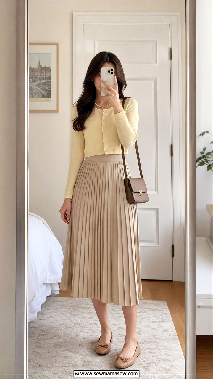 Cropped cardigan with high waisted pleated skirt and ballet flats outfit - 40 light academia outfits