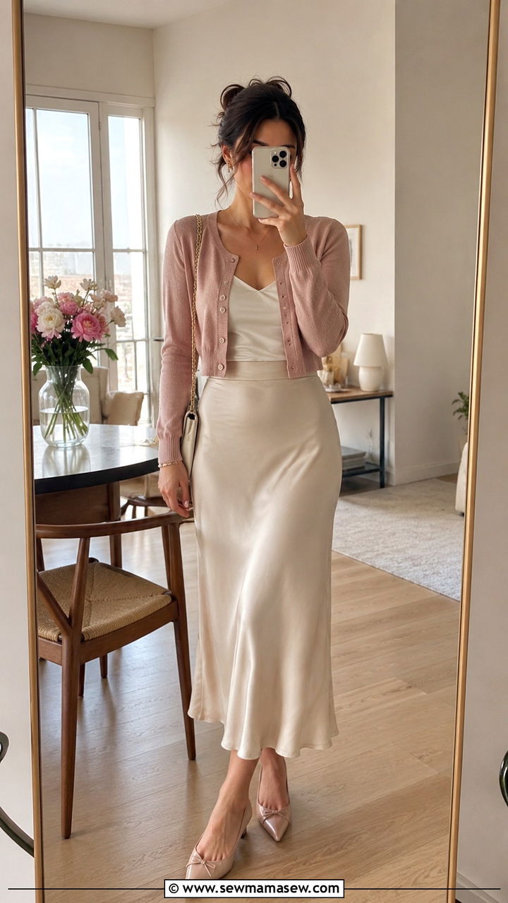 Cropped cardigan with high waisted slip midi skirt outfit - 25 Petite outfit ideas with long torso