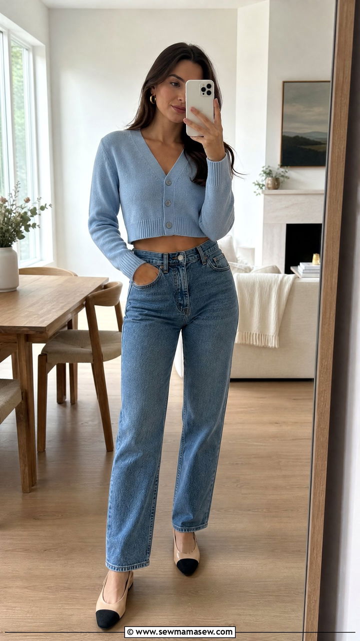 Cropped cardigan with high waisted straight jeans - 20 Spring outfits for 60-70 degree weather