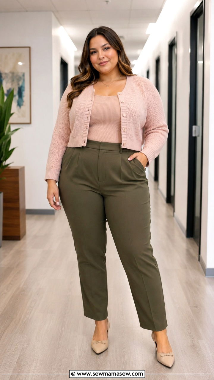 Cropped cardigan with high waisted tailored trousers - 30 Plus size outfit ideas spring 2026