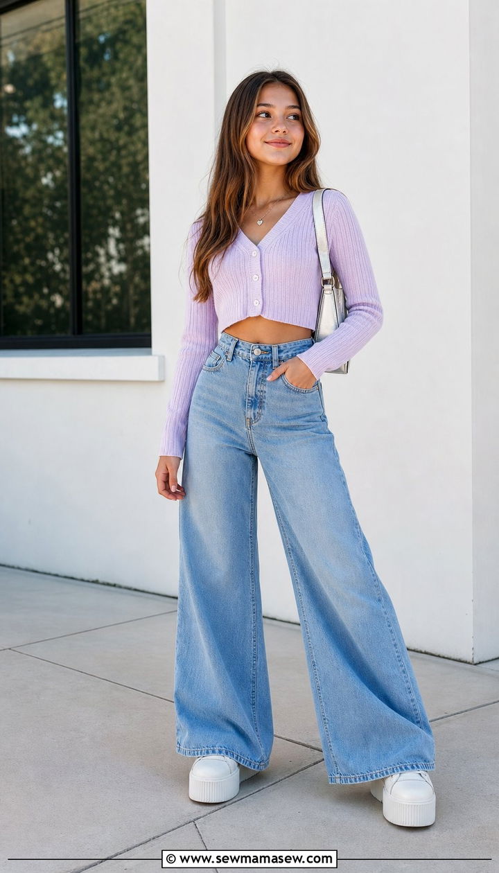Cropped cardigan with high waisted wide leg jeans outfit - 35 Back to school outfits for teens