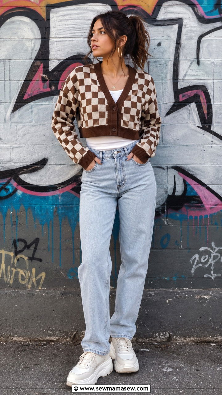 Cropped cardigan with mom jeans and platform sneakers - 30 Mom jeans outfit ideas with a cardigan