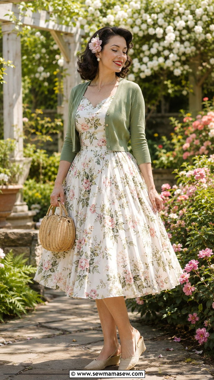Cropped cardigan with tea length swing dress outfit - 25 Mid century modern outfit ideas