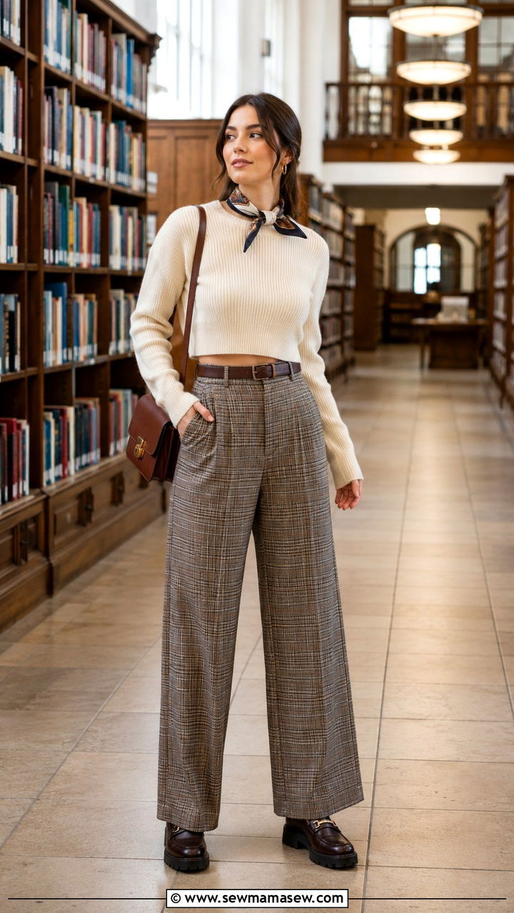 Cropped cashmere sweater with plaid wide leg trousers and loafers - 25 Wide leg pants outfit ideas with a crop top