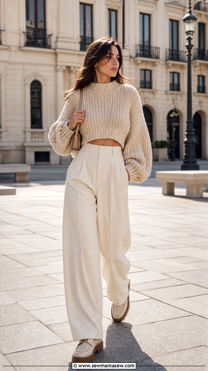Cropped chunky knit with high waist wide leg pants - 25 chic chunky sweater outfit ideas