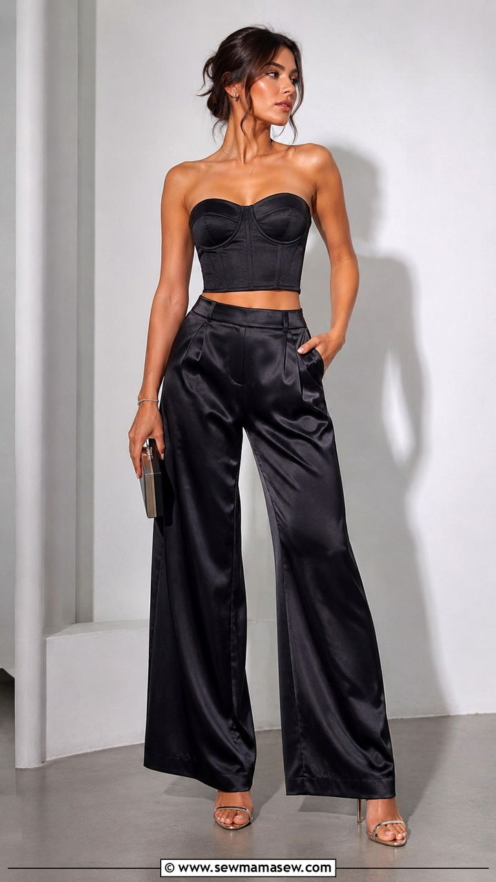 Cropped corset top with satin wide leg pants - 25 Wide leg pants outfit ideas with a crop top