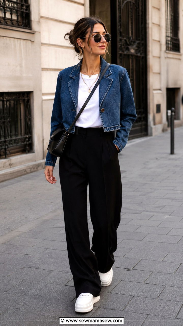 Cropped denim blazer with a white tee and platform sneakers - 25 Wide leg black pants outfit ideas with a blazer