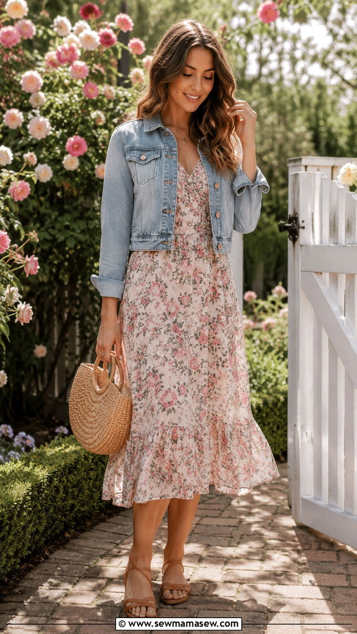 Cropped denim jacket and flowy midi dress with flat sandals - 20 Low key spring outfit ideas 2026