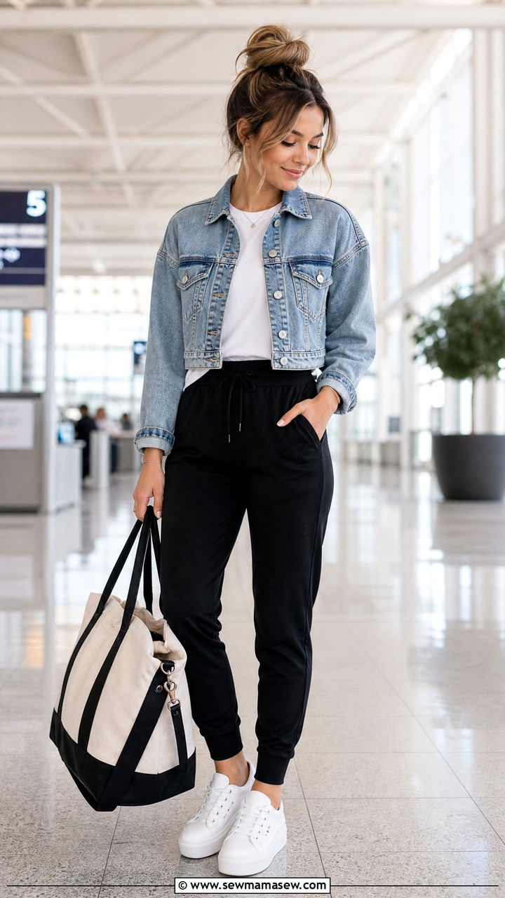 Cropped denim jacket and joggers airport outfit - 25 Petite travel outfit ideas