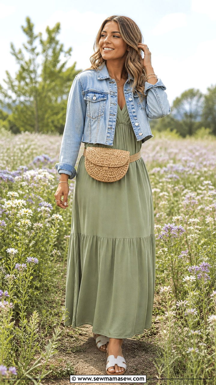 Cropped denim jacket and maxi dress spring outfit - 40 Casual spring outfits
