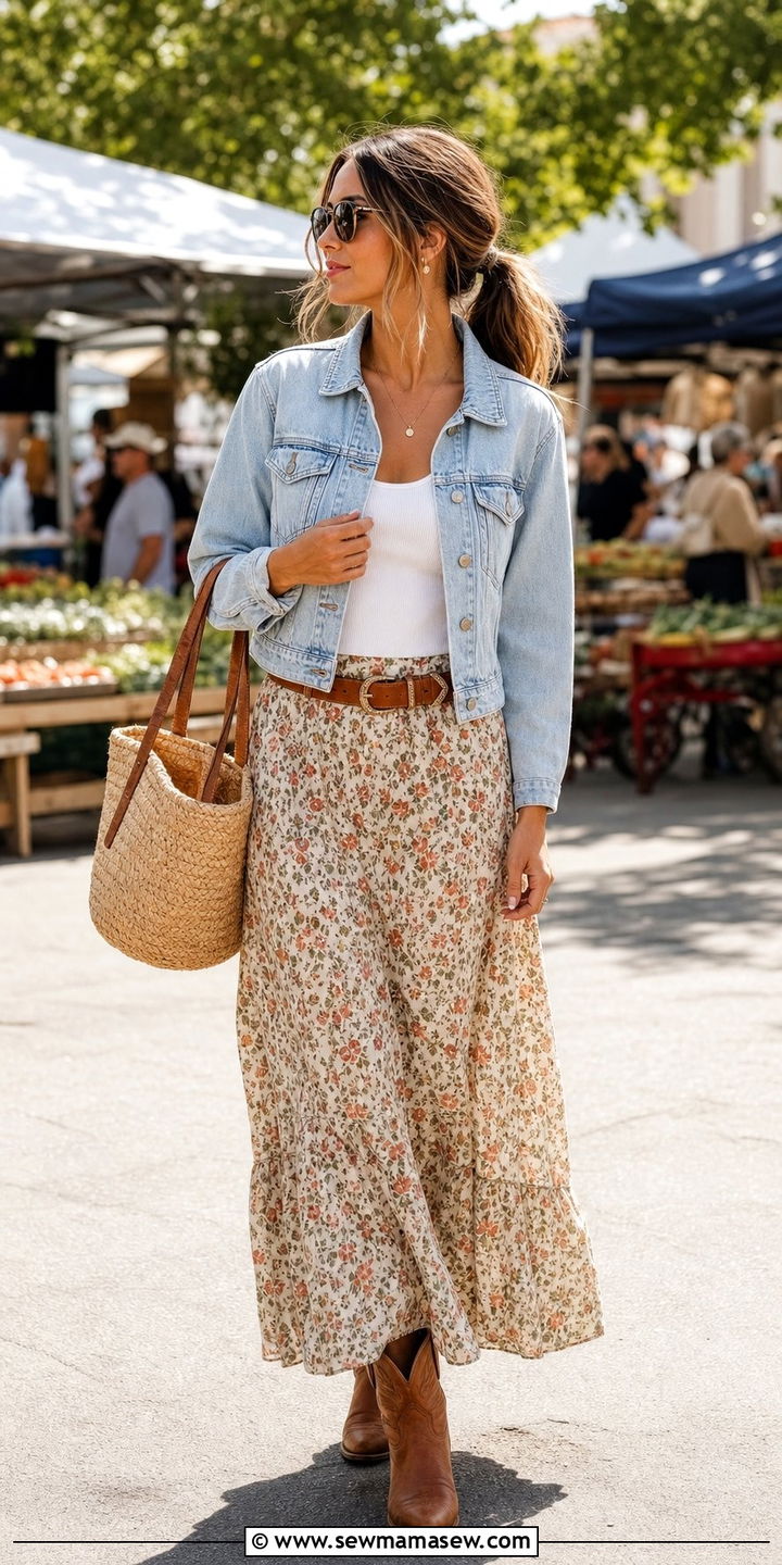 Cropped denim jacket and maxi skirt - 25 classy western outfit ideas