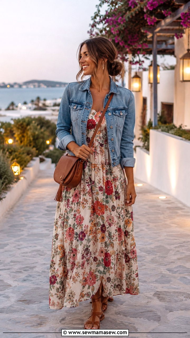 Cropped denim jacket layered over a floral maxi - 30 casual resort vacation outfits