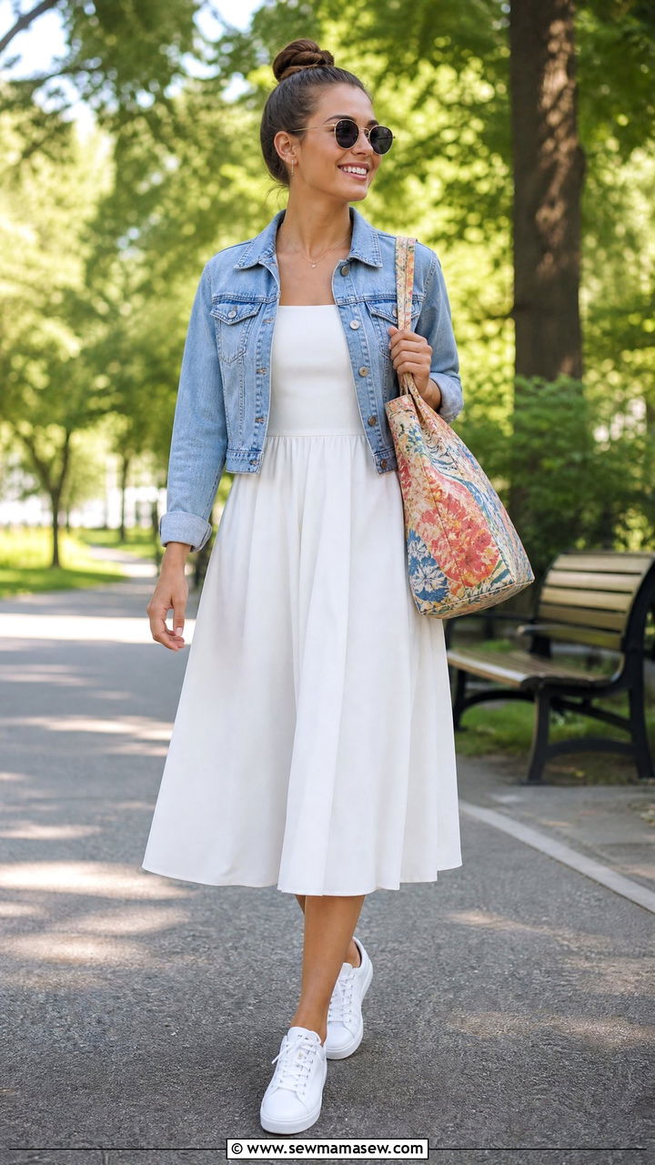 Cropped denim jacket over a fit and flare dress - 25 Flattering outfits for big hips