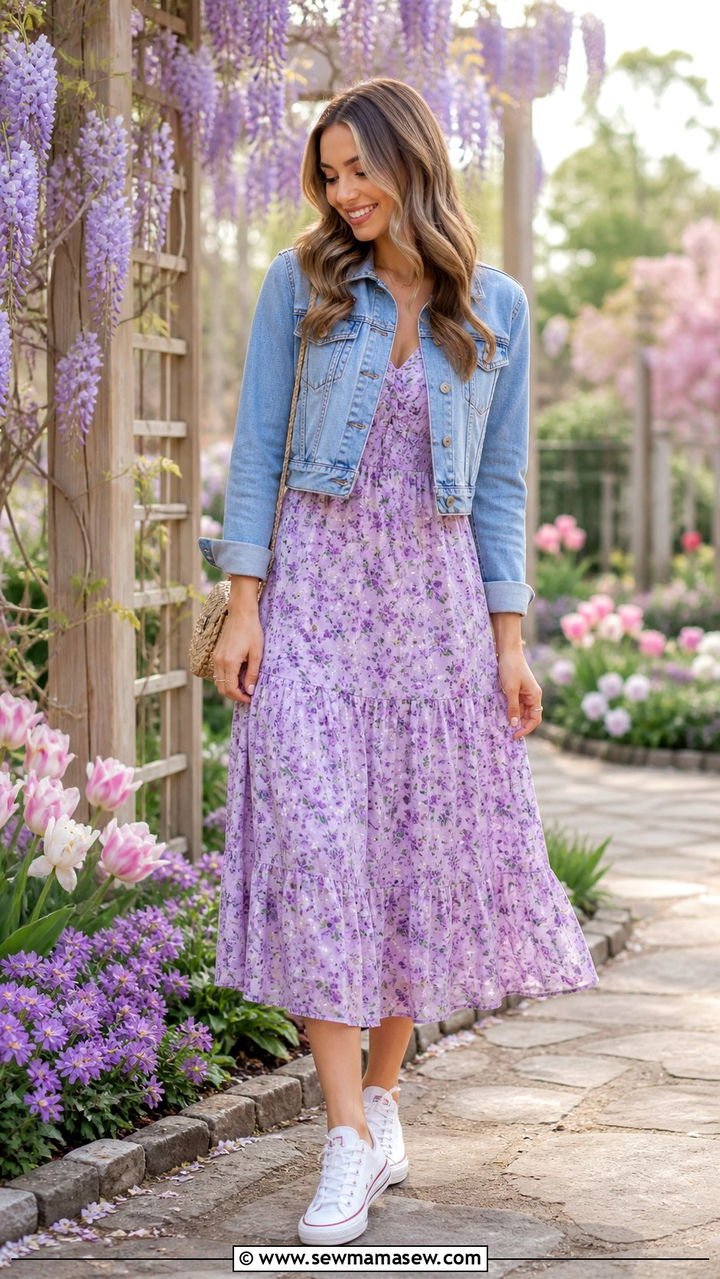 Cropped denim jacket over a floral midi dress - 40 What to wear in spring