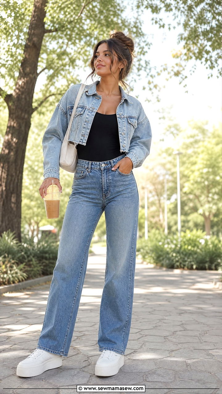 Cropped denim jacket with a bodysuit and high rise jeans - 25 casual outfits for long torso women