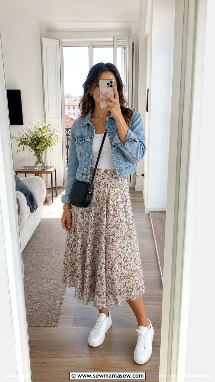 Cropped denim jacket with a floral midi skirt and white sneakers - 40 What to wear in Madrid