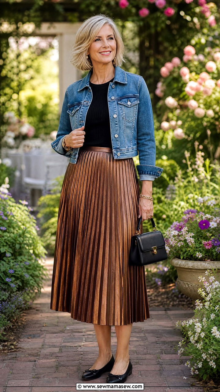 Cropped denim jacket with a pleated midi skirt - 25 How to style a denim jacket over 50