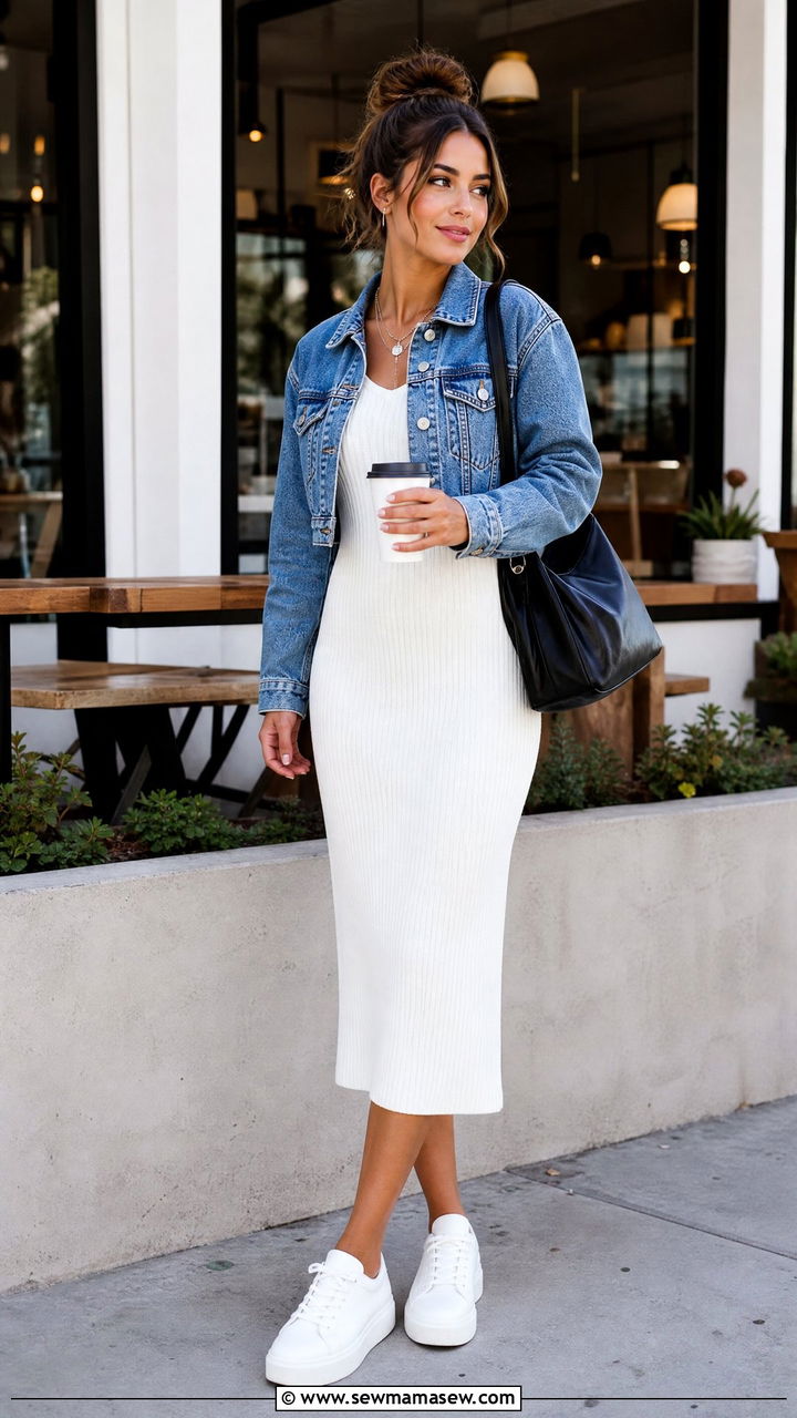 Cropped denim jacket with a white ribbed knit midi dress - 30 Denim and white outfit ideas