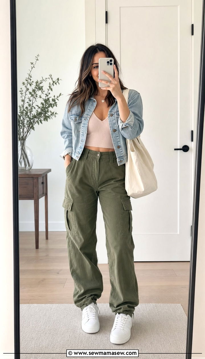 Cropped denim jacket with cargo pants and sneakers - 25 spring cargo pants outfit ideas
