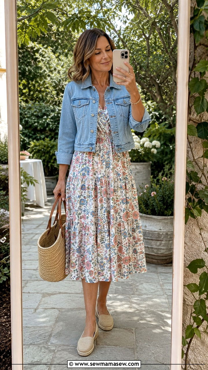 Cropped denim jacket with floral midi dress - 30 How to style a denim jacket over 40