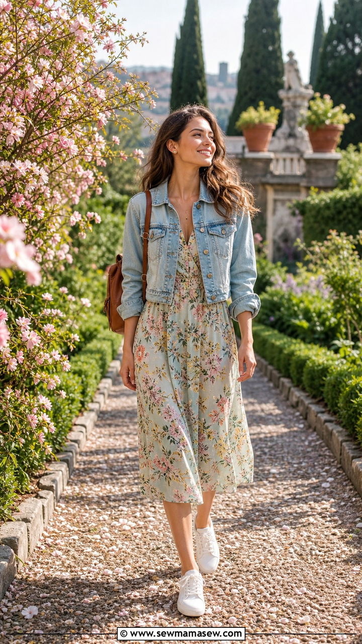 Cropped denim jacket with floral midi dress - 40 Italy outfits