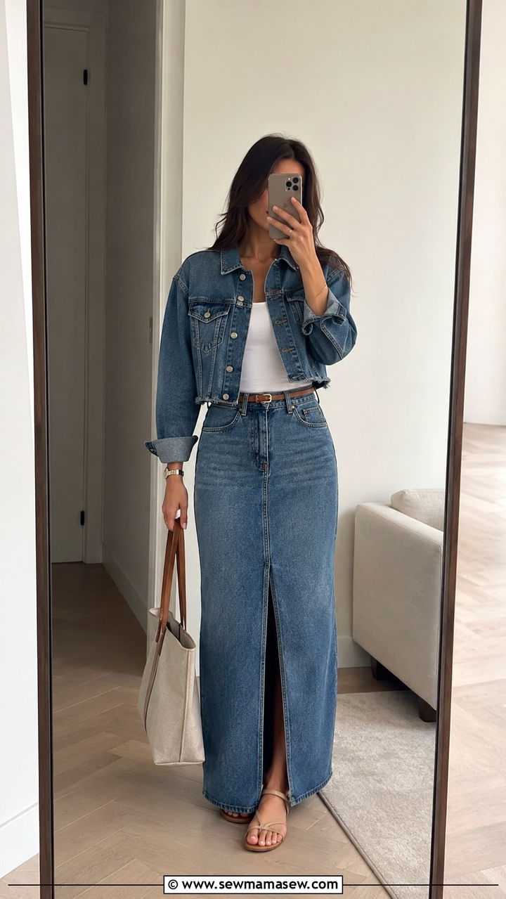 Cropped denim jacket with high waist denim skirt outfit - 30 Denim skirt and denim top outfit ideas